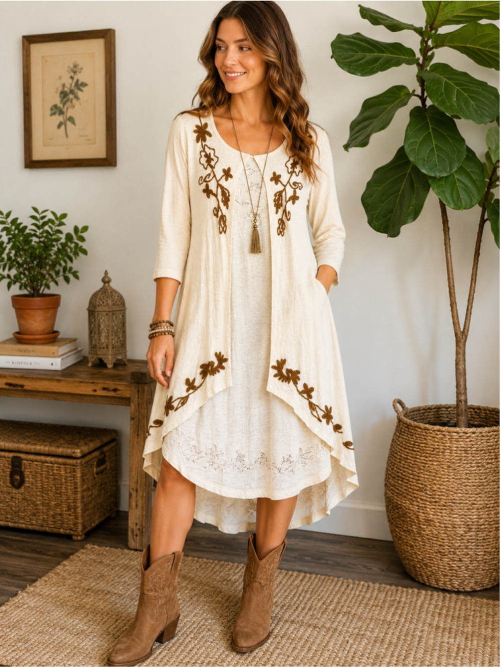 Natural Impressions Large Embroidered Floral Boho Tunic Cream Brown Cotton